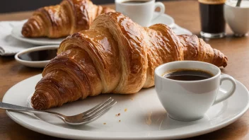 En deilig, nybakt croissant på en tallerken, med en kopp kaffe i nærheten.