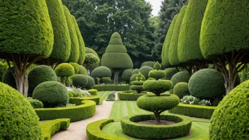 En vakker topiary-hage med intrikat formede busker og trær, omgitt av et fredelig landskap.