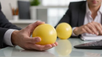 En stressball på et skrivebord, som blir klemt av en persons hånd.