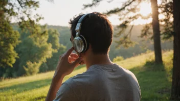 En person som sitter i et rom med hodetelefoner på, omgitt av musikkinstrumenter og noteark.