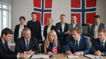 Personer fra ulike organisasjoner som arbeider sammen, med et norsk flagg i bakgrunnen.