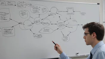 En person som undersøker et komplekst systemdiagram på en whiteboard.