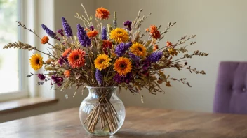 En vakker tørket blomsterarrangement i en vase.