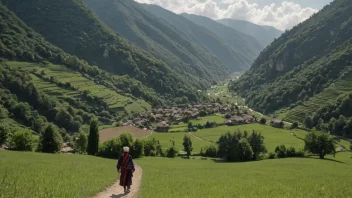 Et idyllisk dal-landskap med en liten landsby i hjertet av dalen. En person i tradisjonelle klær går i det fjerne, omgitt av frodig vegetasjon og majestetiske fjell.