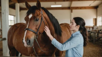 En person kjæler en hest i en terapeutisk setting, med en rolig og fredelig atmosfære.