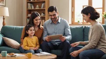 En familie på tre som sitter på en sofa, smiler og ser lettet ut mens en sosialarbeider står ved siden av dem med et vennlig uttrykk.