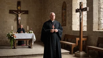 Et bilde av en gammel kirke med et tradisjonelt kors og en prest i tradisjonelle klær