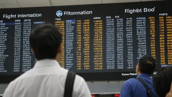 En person som ser på en flyinformasjonstavle på en flyplass, med et fly som tar av i bakgrunnen