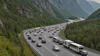 En travel motorvei i Norge med ulike kjøretøy, inkludert lastebiler og busser.