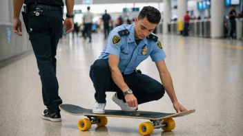 En person i uniform som inspekterer en skateboard på en flyplass for å sikre at den er trygg og fungerer korrekt