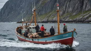 En tradisjonell norsk fiskebåt i Lofoten, med fiskere som haler inn en stor fangst av torsk.