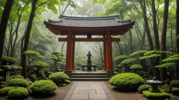 Et fredelig shinto-tempel i en naturlig omgivelse.