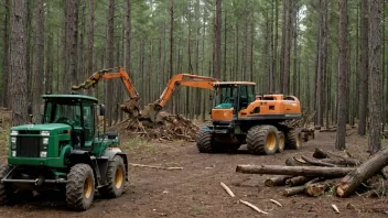 En skog med trær som høstes, med fokus på maskinene og utstyret som brukes i prosessen.