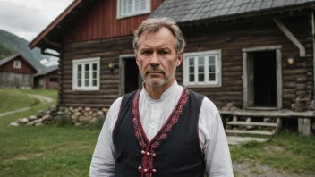 En mann som står foran en gård, symboliserer hans rolle som enkehusbond.