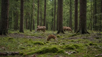 Et fredelig skoglandskap med dyr som beiter i ro