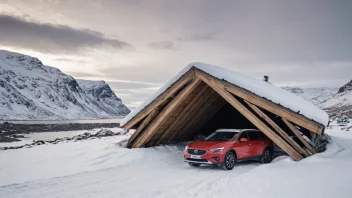 En bil parkert under et saltuttak i et snødekt landskap.