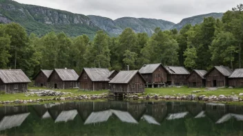 En naturskjønn utsikt over en bygningssamling i Norge, som viser tradisjonell arkitektur og naturlige omgivelser.