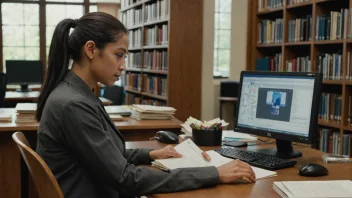 En person som jobber med biblioteksledelse, omgitt av bøker og papirer.