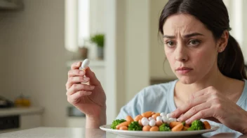 En person som holder en appetittshemmerpille med en tallerken mat i bakgrunnen, ser uinteressert ut