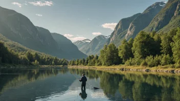 En person som fisker i en innsjø eller elv i Norge, omgitt av vakker natur.