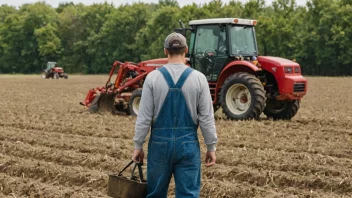 En person som bærer landbruksklær og arbeider i en åker med en traktor i bakgrunnen