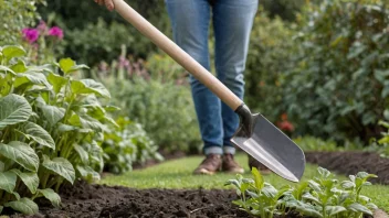 En person holder en grønnsaksspade, med en hage full av ulike grønnsaker og blomster i bakgrunnen.