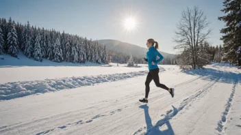 En person som jogger i snøen med en solfylt vinterlandskap i bakgrunnen