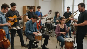 En musikkworkshop hvor mennesker spiller instrumenter og synger sammen.