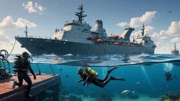 En illustrasjon av en dykkeroperasjon med dykkere i scuba-utstyr, undervannsutstyr og et skip eller en plattform i bakgrunnen.