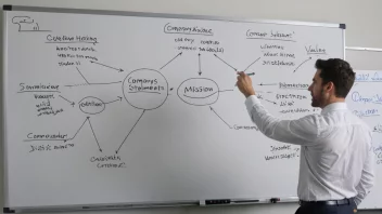 En bedriftsleder står foran en whiteboard med et diagram over bedriftens verdier og misjonsutsagn.