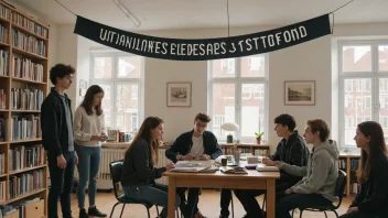 En gruppe studenter samlet rundt et bord, med en stor bokhylle i bakgrunnen, og et banner med teksten 'Utdannelsesstøttefond' hengende fra taket.