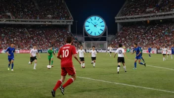 En gruppe mennesker som spiller fotball på et stadion med en klokke i bakgrunnen.