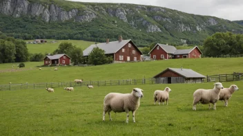 En naturskjønn utsikt over en sauegård i Norge med sau som beiter i åkrene og en gård i bakgrunnen.