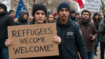 En person som holder et skilt med teksten 'Flyktninger velkommen' under en protest, med en folkemengde i bakgrunnen