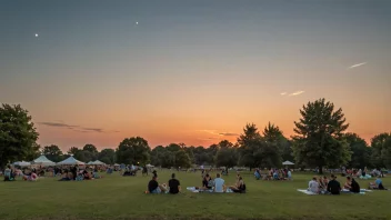 En fredelig sommerkveldsscene med mennesker som nyter det varme været