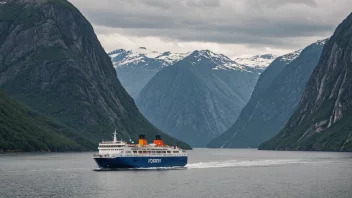 En ferje som seiler over en fjord i Norge.