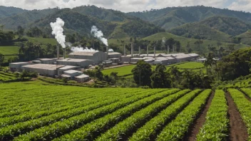 En fabrikk som produserer te med en plantasje i bakgrunnen