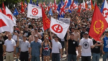 En gruppe mennesker samlet sammen, med flagg og bannere med nasjonalistiske symboler og slagord, som representerer en nasjonalistgruppe.