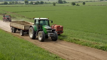 En traktor med tilhenger, brukt for å frakte varer og utstyr på en gård