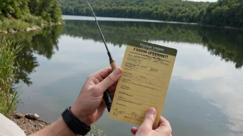 En person som holder en fiskestang og en fiskepermisjon, med en innsjø eller elv i bakgrunnen.