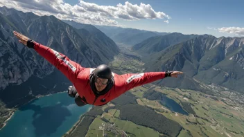 En person i vingesport-drakt flyr gjennom luften, med et storslått landskap nedenfor.