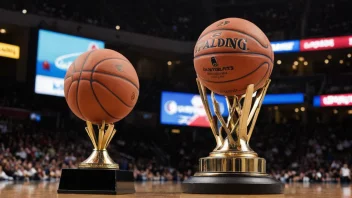 En logo som representerer en basketballiga, med en basketball og et trofé i bakgrunnen, som symboliserer konkurranse og fremragende prestasjoner.