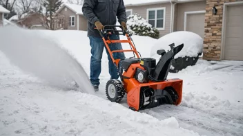 En person som bruker en snøblåser til å rydde snø fra en innkjørsel, med snødekte trær og hus i bakgrunnen.