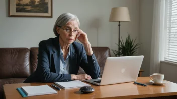 En person som sitter ved et skrivebord med en laptop og en notatbok, og ser bekymret ut for sin fremtidige pensjon.