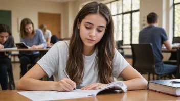 En student sitter ved et skrivebord og betaler undervisningsavgift til en universitetsadministrator.