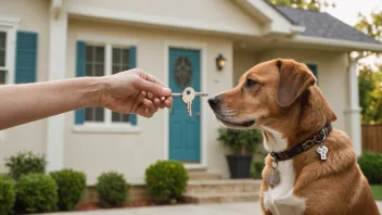 En person som holder en nøkkel til et hus, med en hund som sitter ved siden av dem, illustrerer konseptet å eie eller å besitte noe.