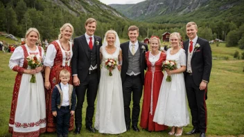 Et tradisjonelt norsk bryllup med bruden og brudgommen i tradisjonelle klær, omgitt av familie og venner.