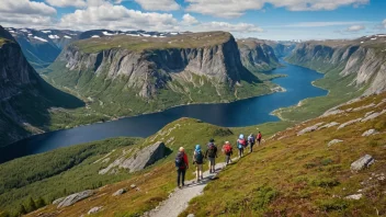 En gruppe turister på en guidet tur i et vakkert norsk landskap.