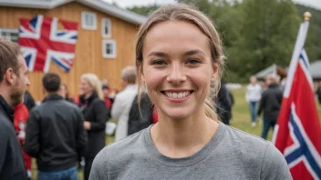 En person med et norsk flagg, smiler og inviterer, med en vennlig og åpen atmosfære i bakgrunnen.