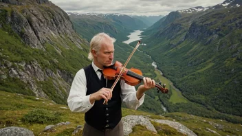 En tradisjonell norsk felespiller i et fjellandskap, som spiller på en hardingfele